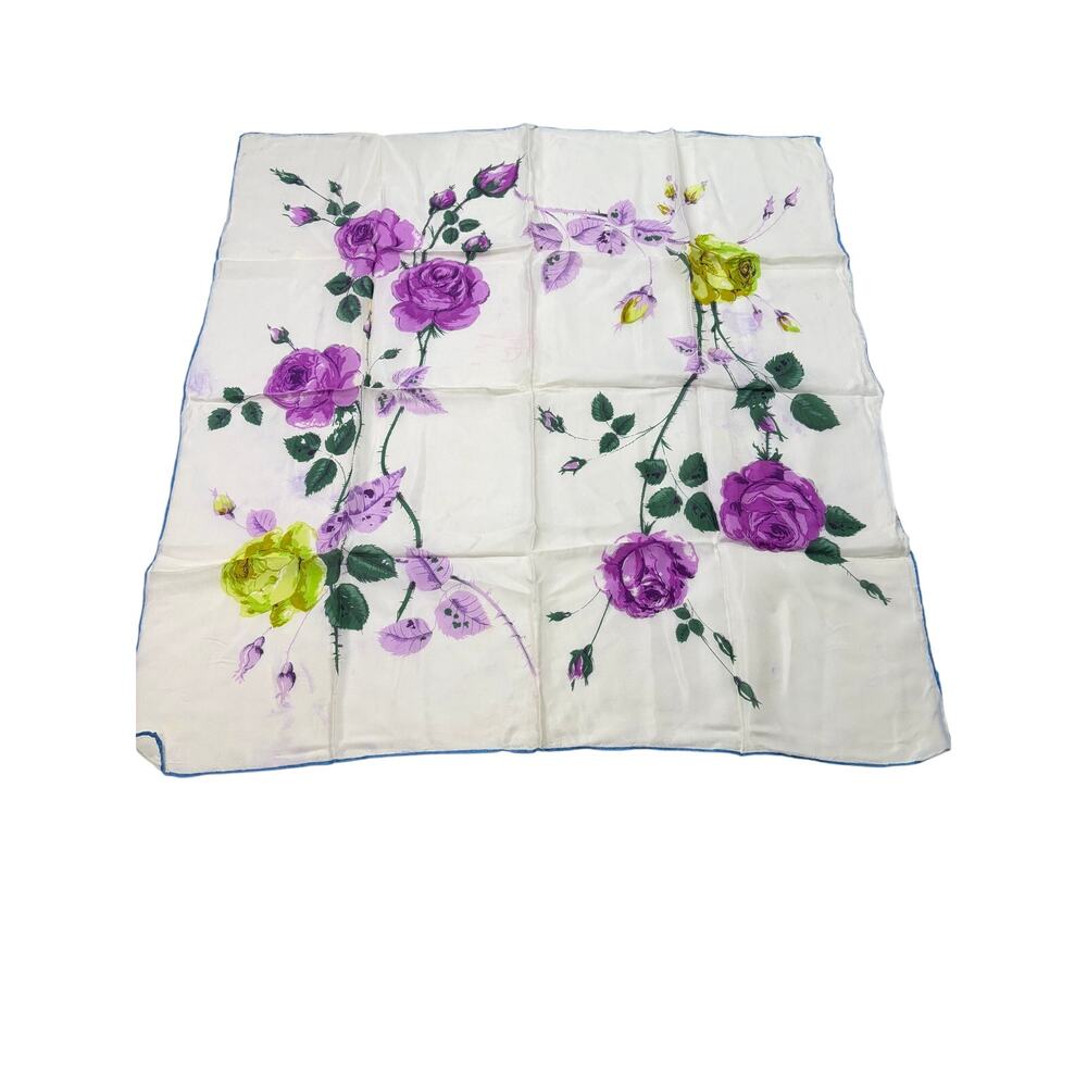 VTG white scarf, purple green floral print. 31" square. area of color transfer